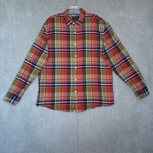 Pendleton Mens Red Olive Plaid Button Down Cotton Shirt Large Long Sleeve L
